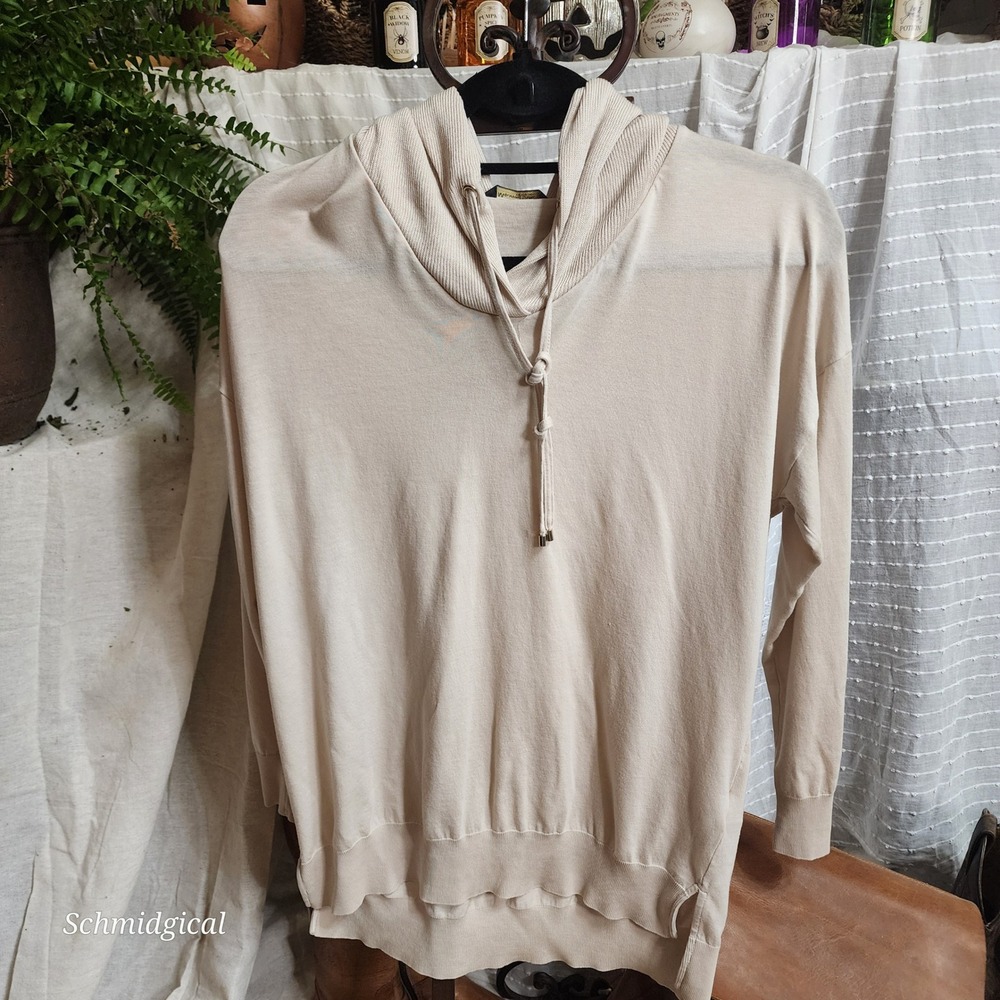 Massimo Dutti Beige Lyocell Cotton Knit Cowl Neck Hoodie Sweater Womens Large